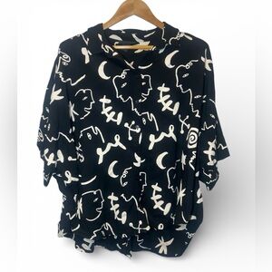 Monki‎ Black and Cream Artistic Button Blouse Oversized Abstract Faces Boxy XL